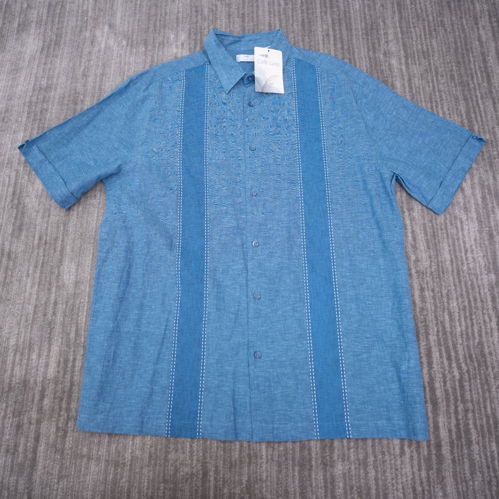 Cafe Luna Button Up Shirt Mens L Blue Linen Cotton Guayabera Style SS Woven NEW